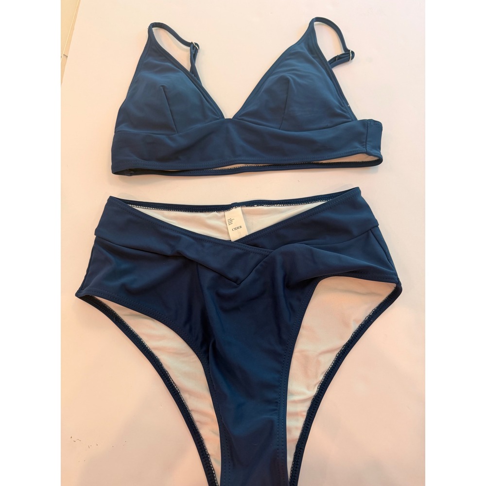 Cider Teal Blue High Waisted V-Cut Bikini Set‎ Small Adjustable Straps Two Piece